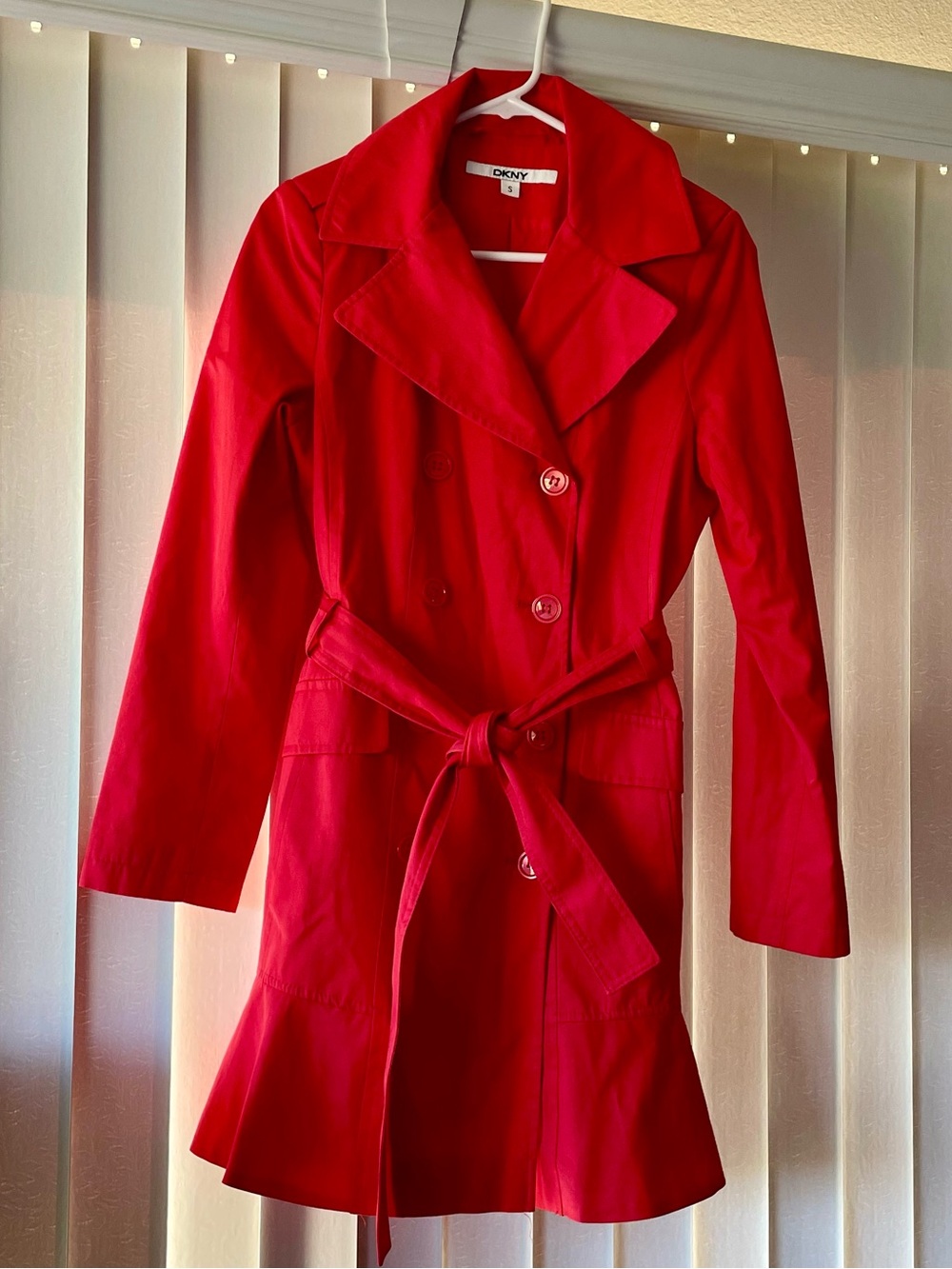 DKNY deep Orange Double-Breasted Belted mini skirt Trench raincoat- Small